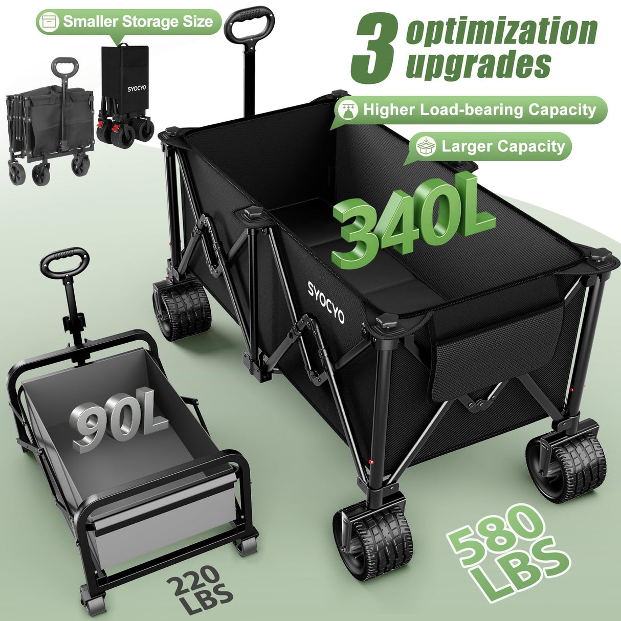 Beach Wagon Carts Foldable 580LBS Collapsible Wagon with Big All-Terrain Wheels for Sand 340L Heavy Duty Utility Carts with Cup Holders for Garden, Camping, Grocery, Black