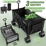 Beach Wagon Carts Foldable 580LBS Collapsible Wagon with Big All-Terrain Wheels for Sand 340L Heavy Duty Utility Carts with Cup Holders for Garden, Camping, Grocery, Black