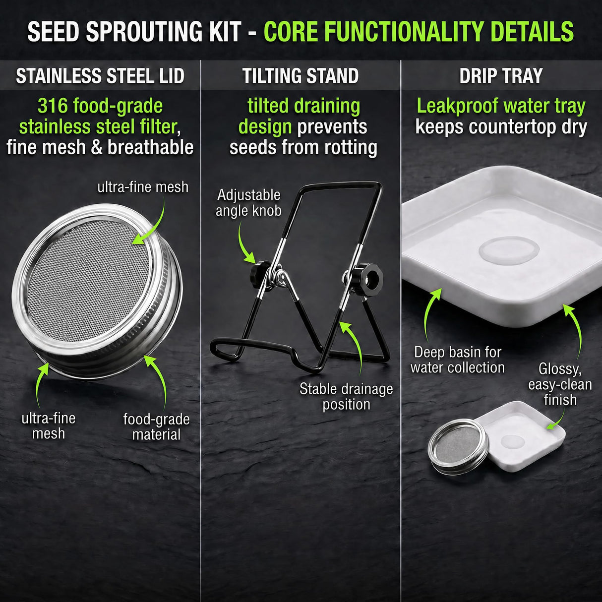 4 Large 1000ML Wide Mouth Mason Jar Sprouting Kit, with Stainless Steel Stand, Drain Tray & Cleaning Brush, High Germination for Beans, Broccoli, Fresh Sprouts