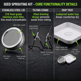 4 Large 1000ML Wide Mouth Mason Jar Sprouting Kit, with Stainless Steel Stand, Drain Tray & Cleaning Brush, High Germination for Beans, Broccoli, Fresh Sprouts