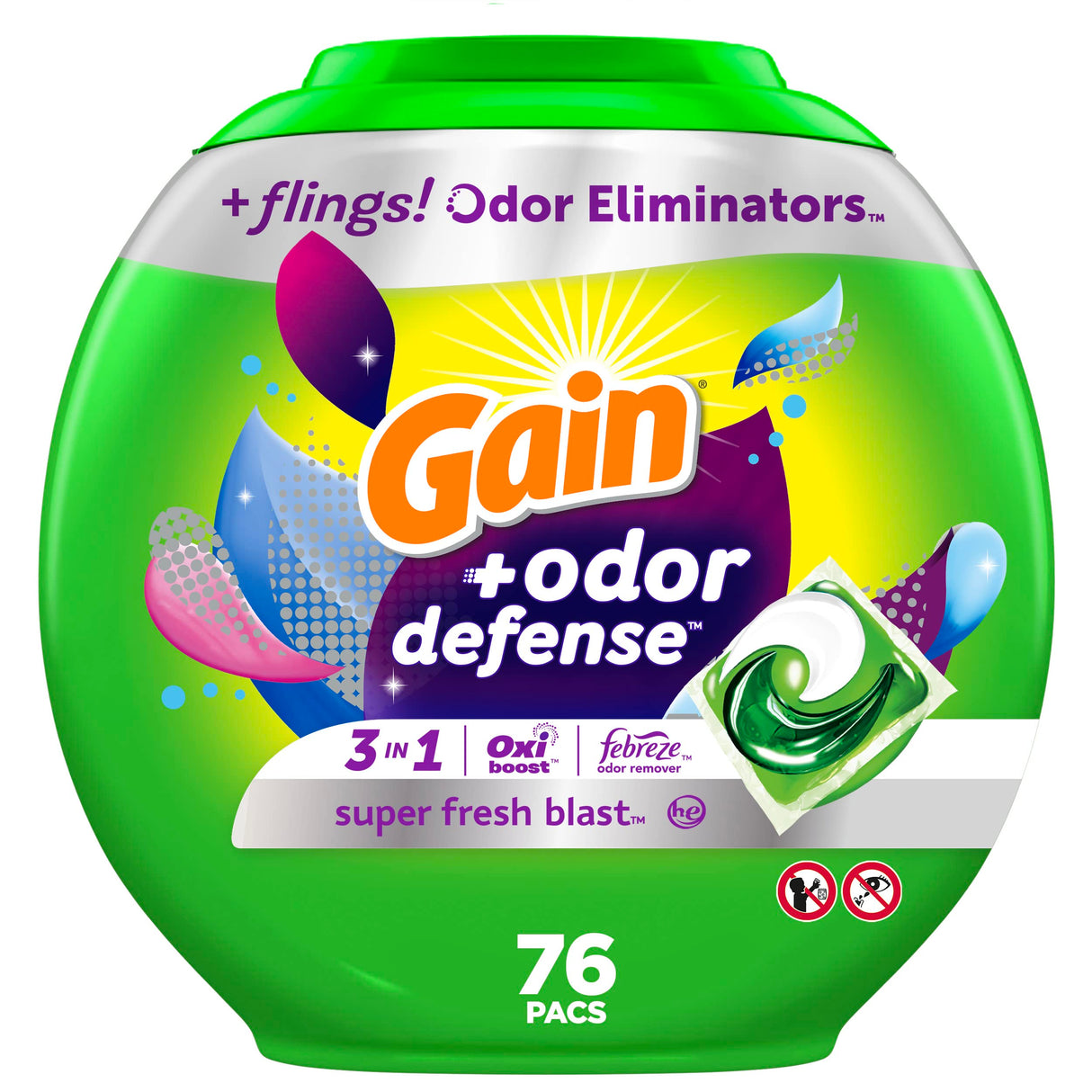 Gain flings Laundry Detergent Pacs with Odor Defense HE Compatible 76 Ct 3in1 Detergent Pacs with Febreze and Oxi Super Fresh Blast Scent