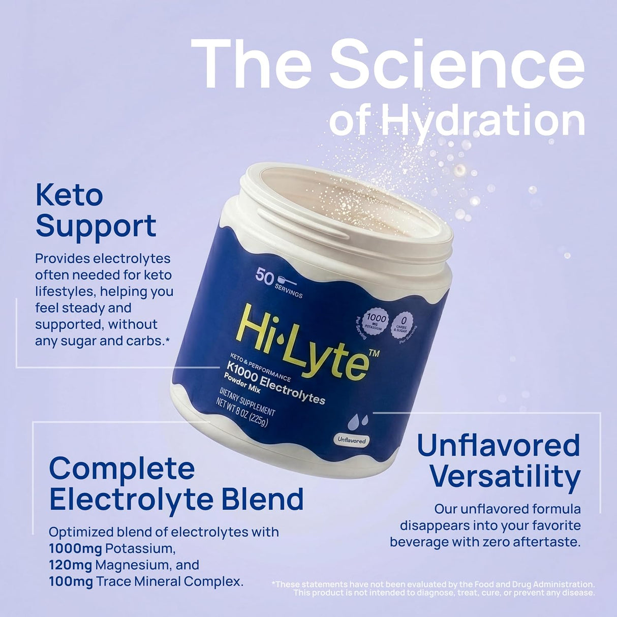 Hi-Lyte Keto K1000 Electrolyte Powder | Unflavored | Hydration Supplement Drink Mix | Boost Energy & Beat Leg Cramps | No Maltodextrin or Sugar | 50 Servings