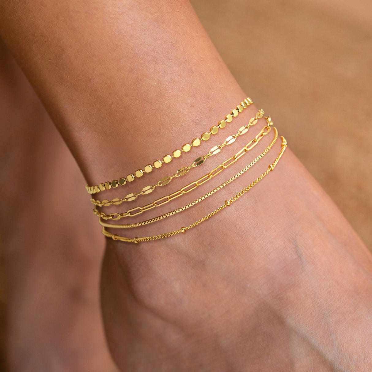 Dainty Gold Anklets for Women Waterproof, Simple14K Gold Palted Stackable Ankle Bracelets Non Tarnish, Thin Box Satellite Lips Dot Paperclip Link Chain Pack, Jewelry Sets for Summer Vacation Beach Swimming Bikini