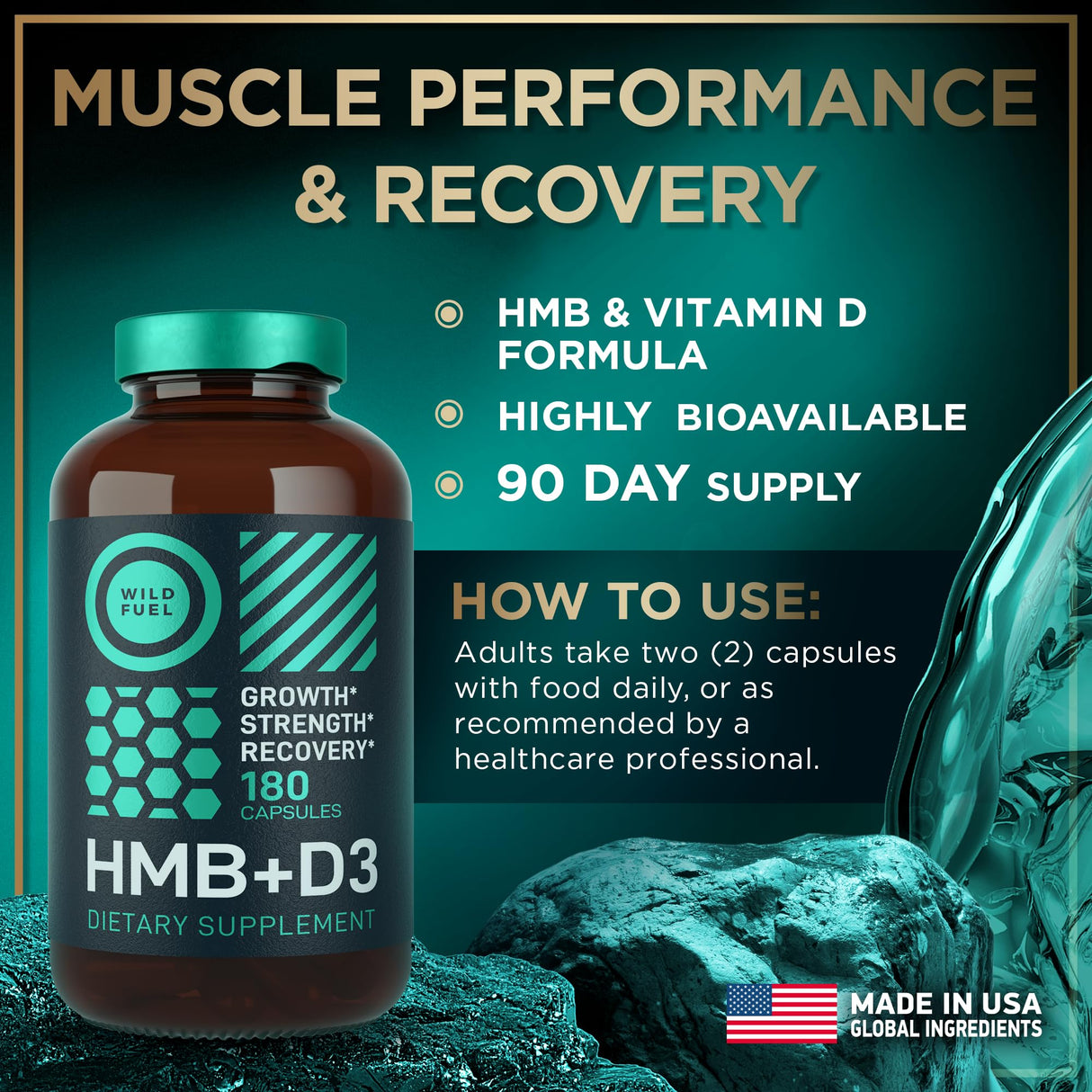 WILD FUEL HMB 1,000mg Per Serving, 90 Servings - Vitamin D3, Calcium Beta-Hydroxy Beta-Methylbutyrate HMB Supplements for Men & Women - Muscle Growth, Strength, Fast Workout Recovery - 180 Capsules