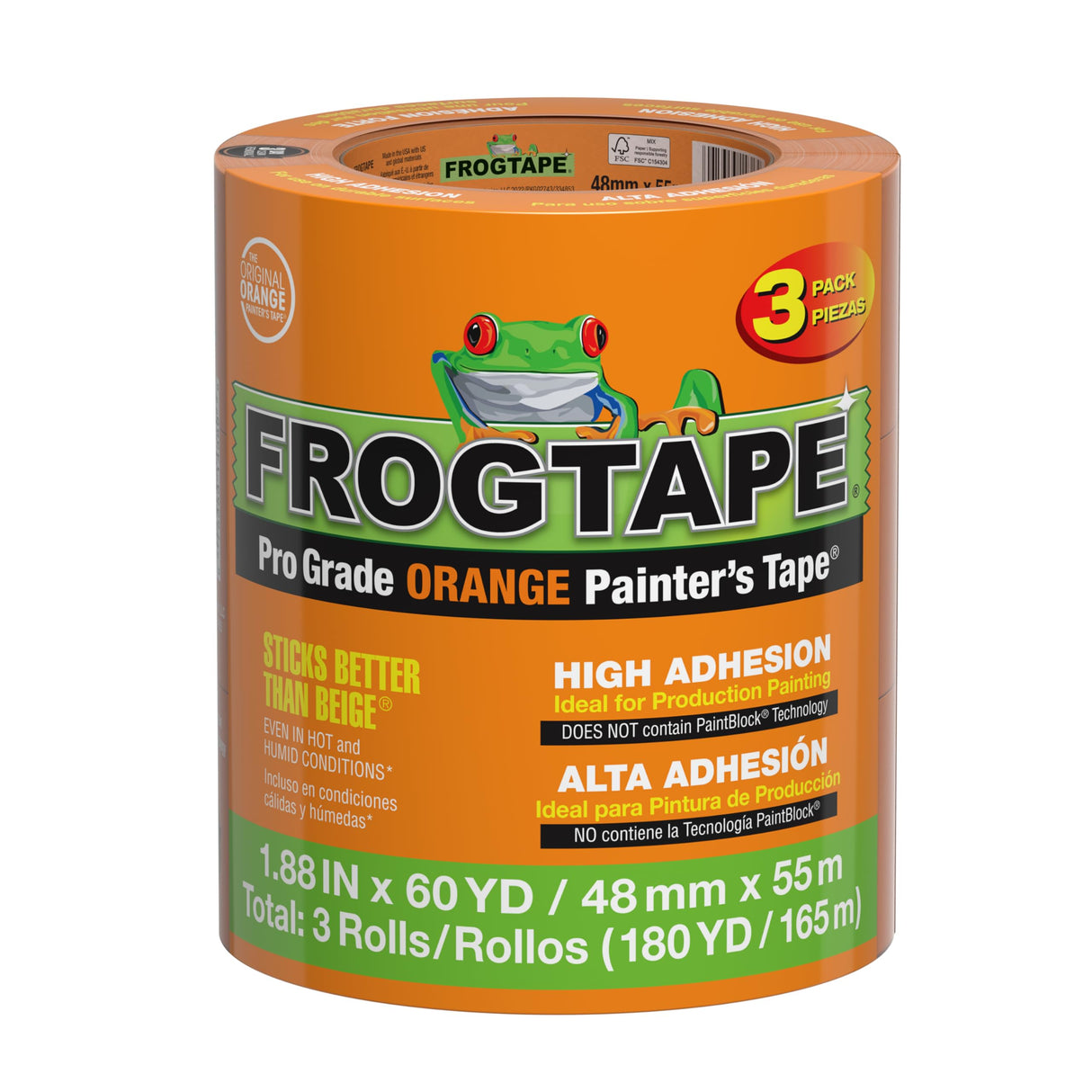 FrogTape ProGrade Orange Painters Tape 1.5 Inch Wide (1.88 in x 60 yd), High Adhesion Masking Tape for Indoor & Outdoor Applications, Orange, 3 Roll Pack (105673)