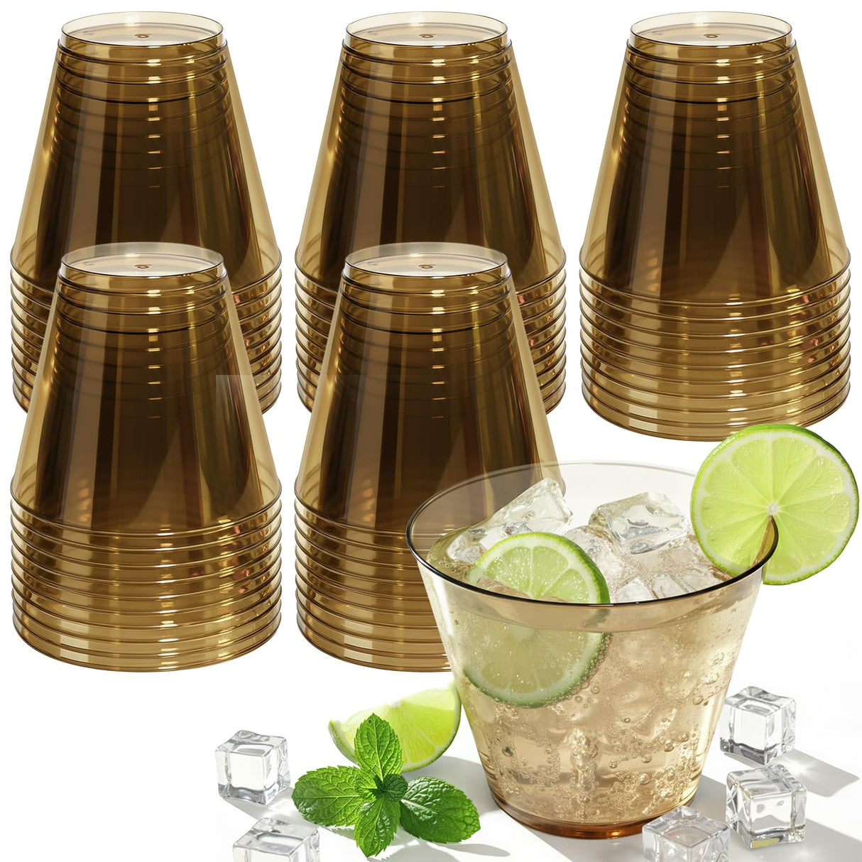 Glowserve 150 Pack Plastic Cups 9 oz Brown Clear Plastic Cups for Cocktail Fancy Disposable Cup for Party Stemless Wine Glasses for Wedding Thanksgiving Christmas Party Graduation