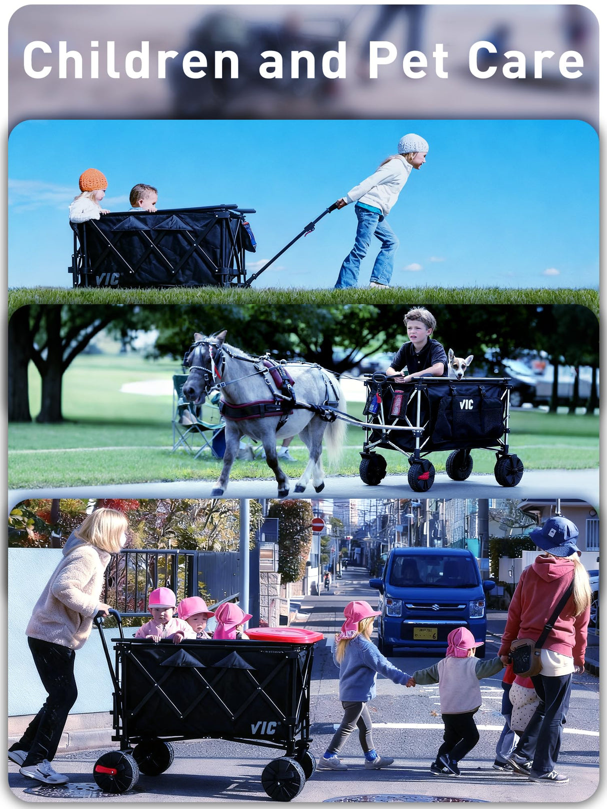 VIC 680lbs Super Cart & Table 1=5 Set, 480L Mega Capacity 54" Extra Long Extra high Folding Wagon, Heavy Duty Collapsible Carts with Brakes, All-Terrain Big Wheels for Camping, Store, Shopping
