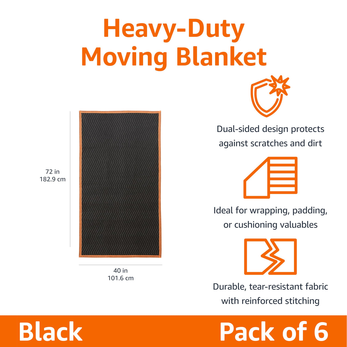 Amazon Basics Reinforced Tear-Resistant Moving Blankets, 72" x 40", Black, 6-Pack