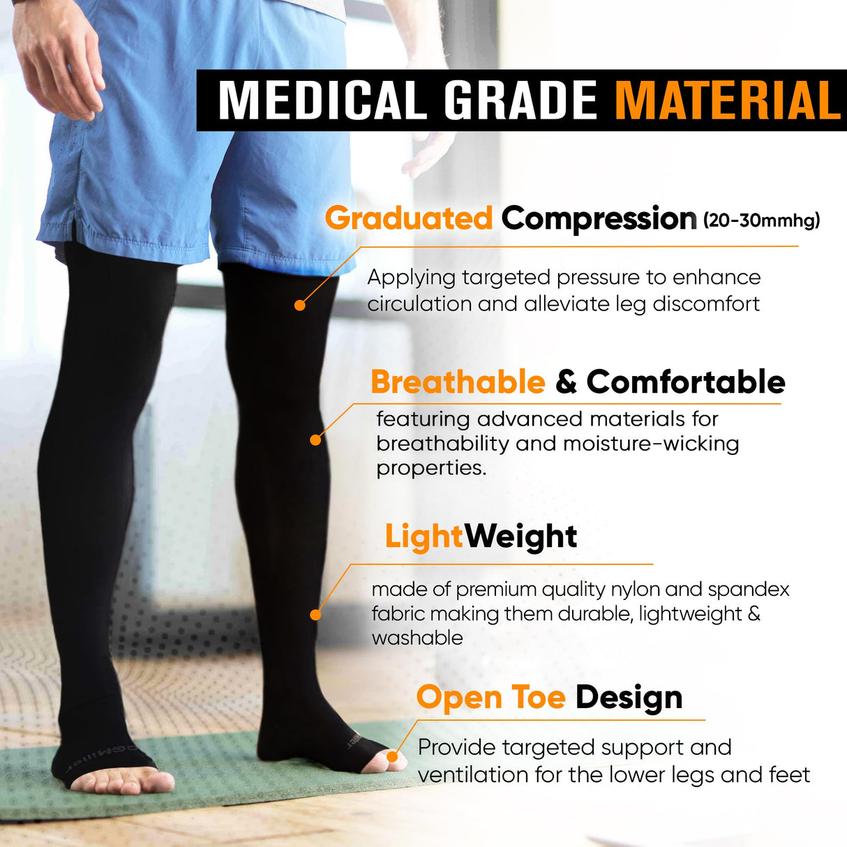 Doc Miller Thigh High Compression Socks - Open Toe, 20-30mmHg for Varicose Veins, Calf, Leg & Ankle Support, Pregnancy & Maternity Stockings, Small to Plus Size