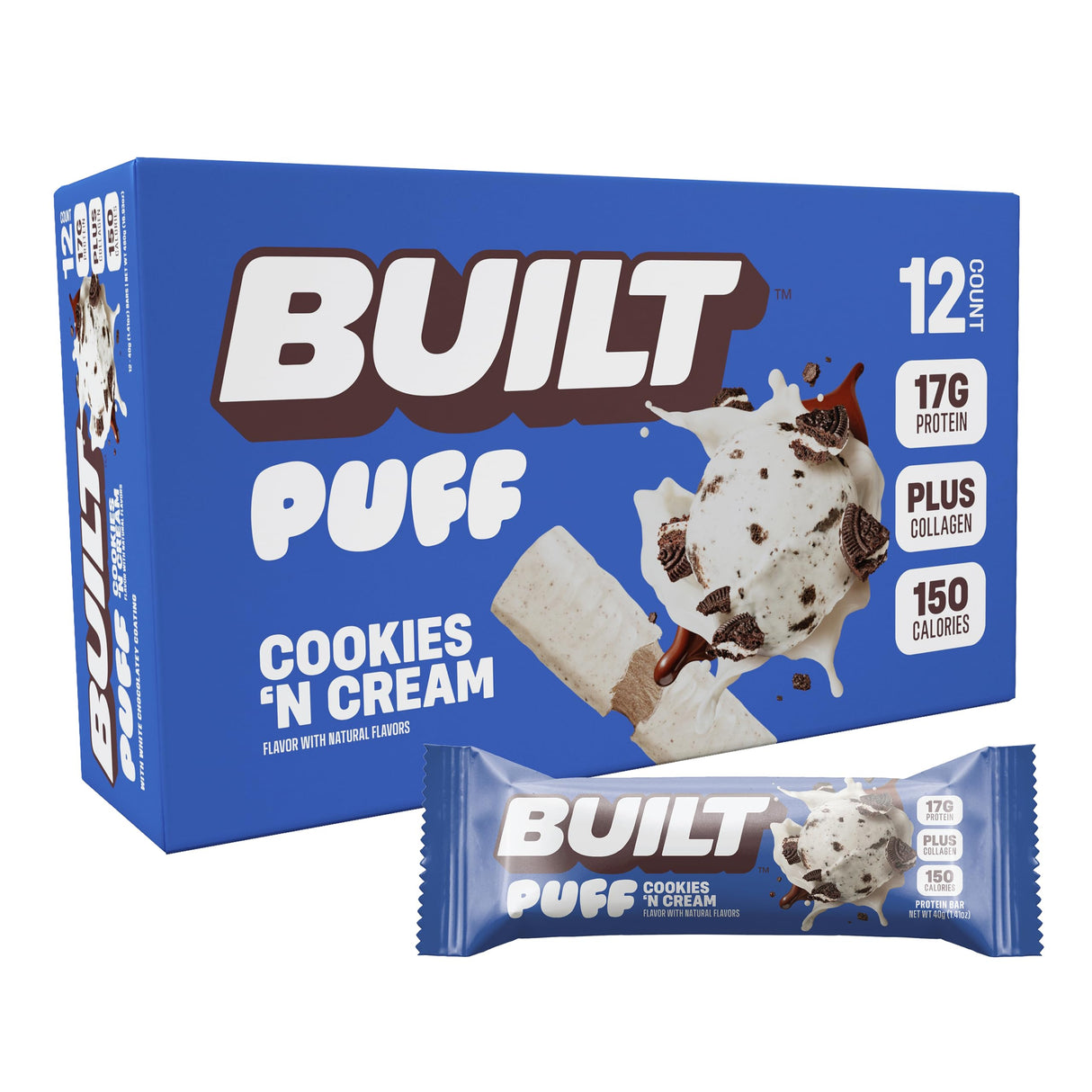 Built Bar, Puff Protein Bars, Cookies 'N Cream Puff, 17g Protein Snacks, On-The-Go Bars, Only 140 Calories, 7g Sugar, Collagen, Not Gluten Free, 12 Count