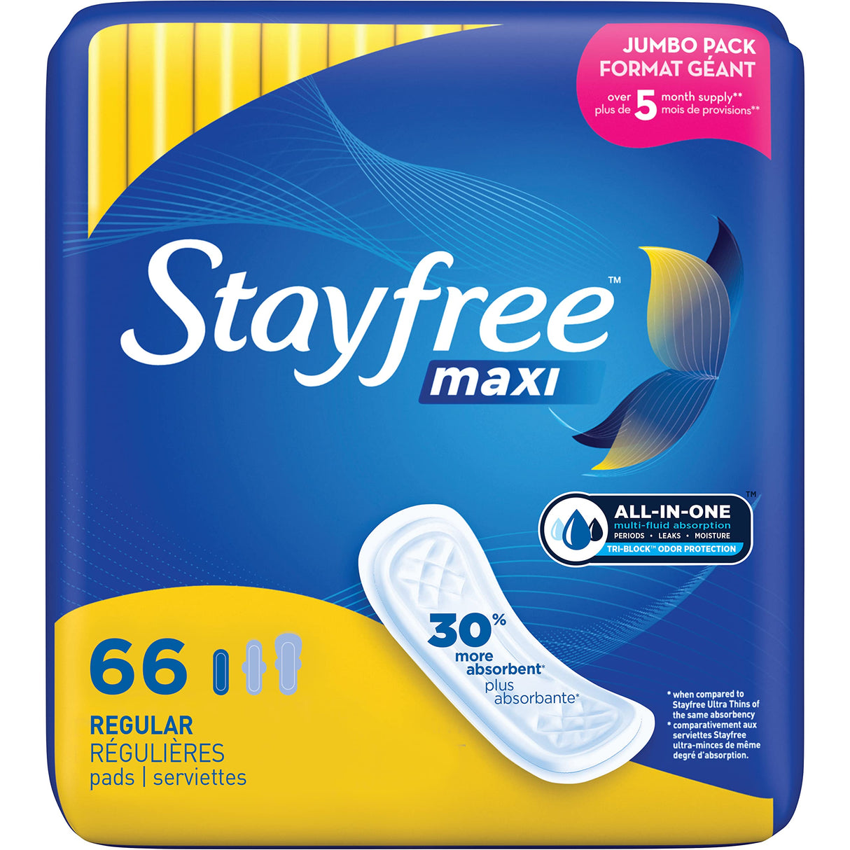 Stayfree Maxi Regular Pads for Women, Wingless, Reliable Protection and Absorbency of Feminine Periods, Scented, White, 66 count