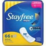 Stayfree Maxi Regular Pads for Women, Wingless, Reliable Protection and Absorbency of Feminine Periods, Scented, White, 66 count
