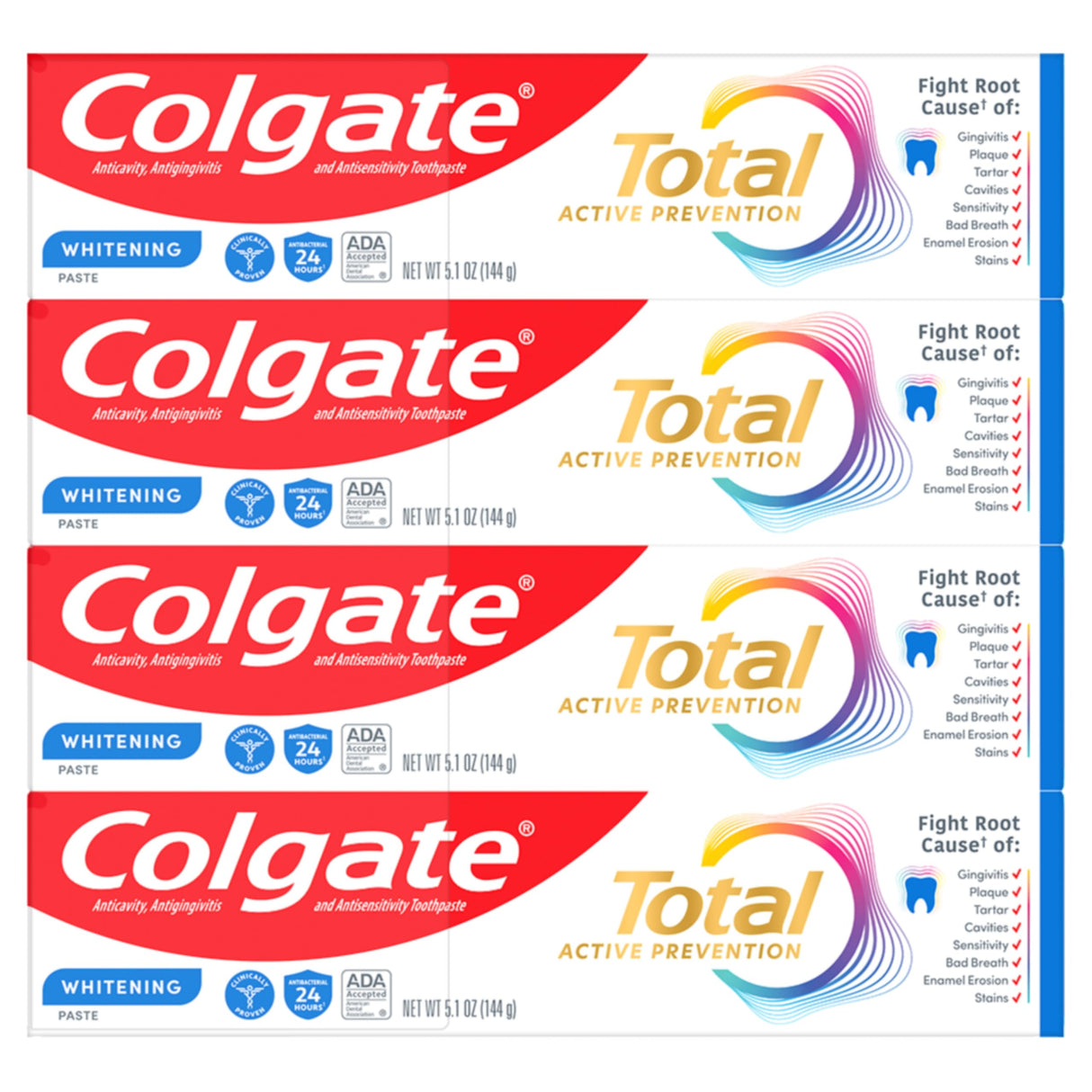 Colgate Total Whitening Toothpaste with Fluoride, 10 Benefits Including Sensitivity Relief and Stain Removal, Mint, 5.1 ounces (4 Pack)
