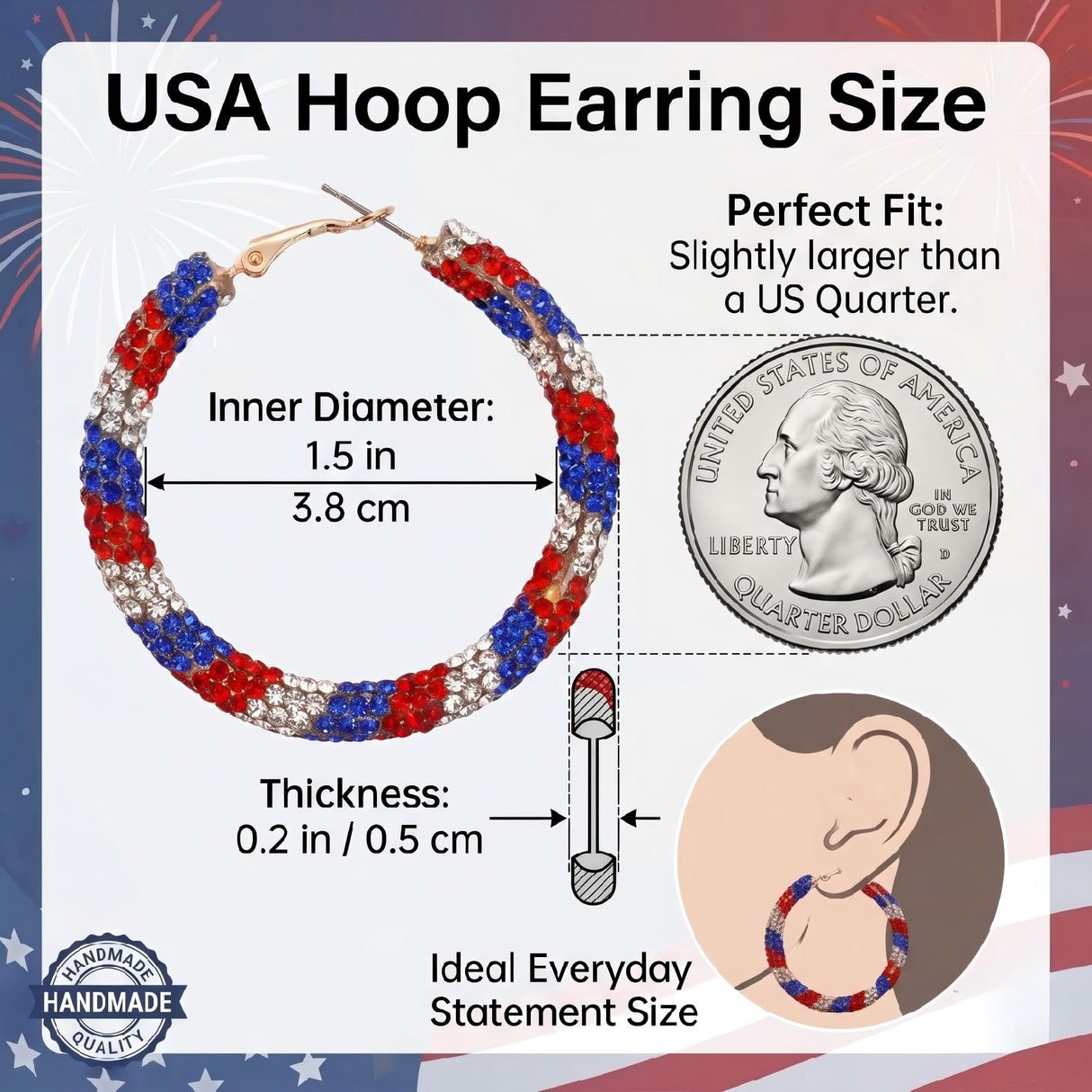 NLCAC USA Hoop Earrings Red White Blue Patriotic Resin Rhinestone Wrapped Hoop Dangle Earrings for Women(USA Round)