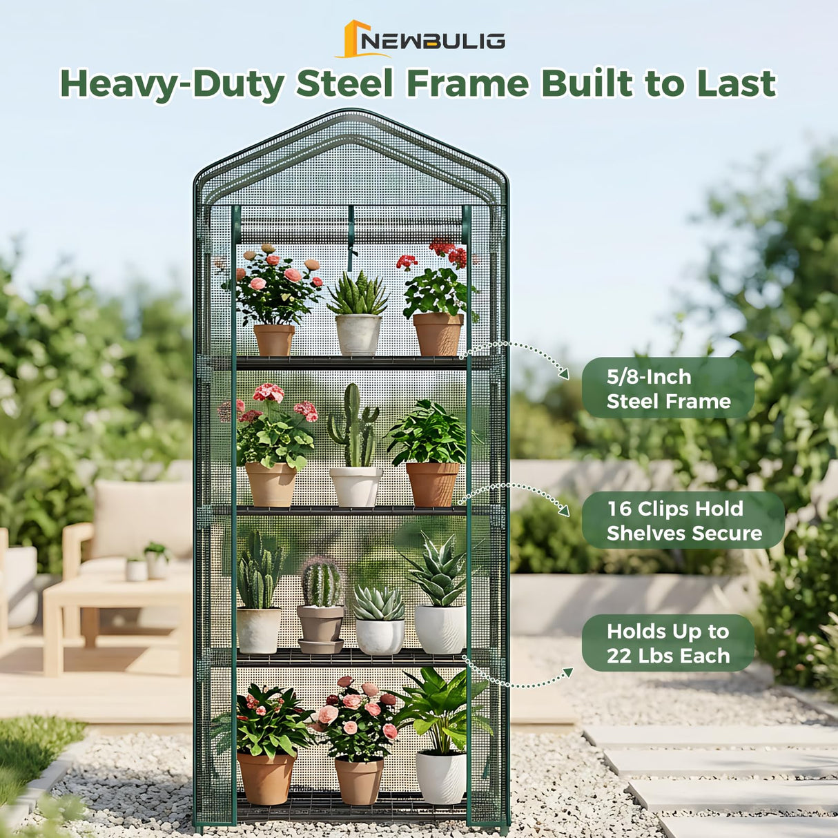 NEWBULIG Mini Greenhouse with Durable PE Cover Roll-up Zipper Door 4 Tier, 27"x19"x63" Small Greenhouse for Outdoors Indoor Balcony, Porch, Garden, Patio, Backyard Green Houses, Green