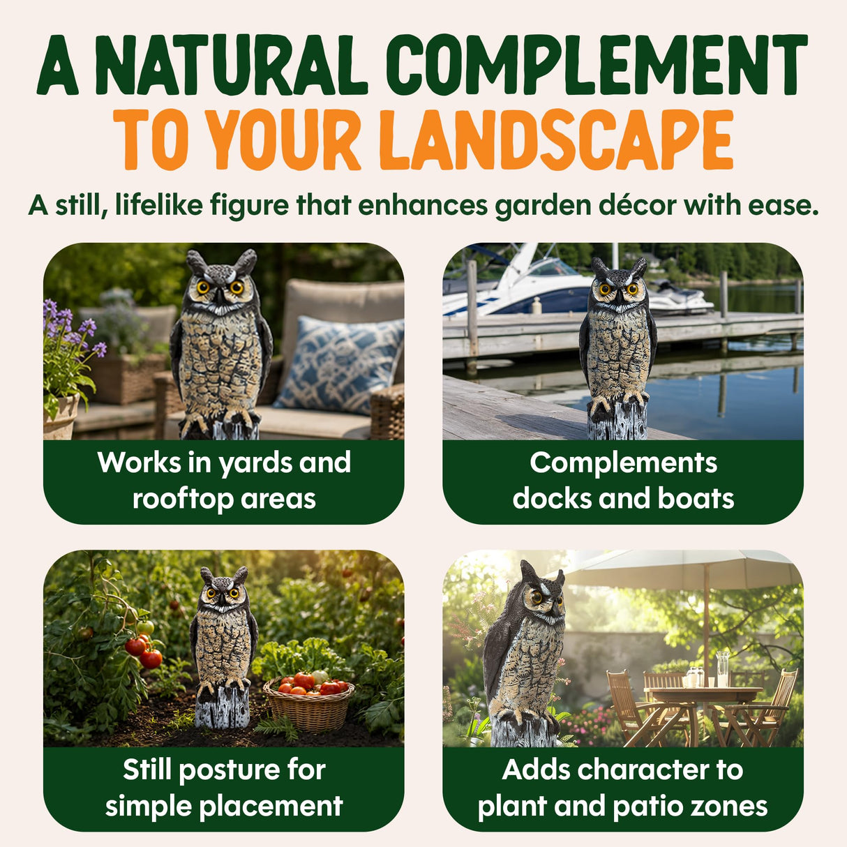 Dalen Lifelike Great Horned Owl Decoy Bird Repellent - 16in Hand-Painted Scarecrow for Gardens & Rooftops, Bird Deterrent, Fixed-Head Design, Fill Base with Sand/Gravel Only - Multicolor