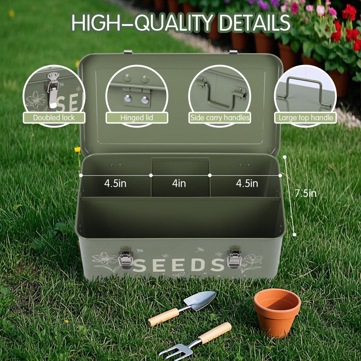 Cinpode Seed Storage Organizer with Lid, Metal Seed Bin Seed Packet Container with 100 Plant Labels 50 Seed Envelopes 50 Plant Clips 1 Marker Pen, 4 Compartments Box with Locks
