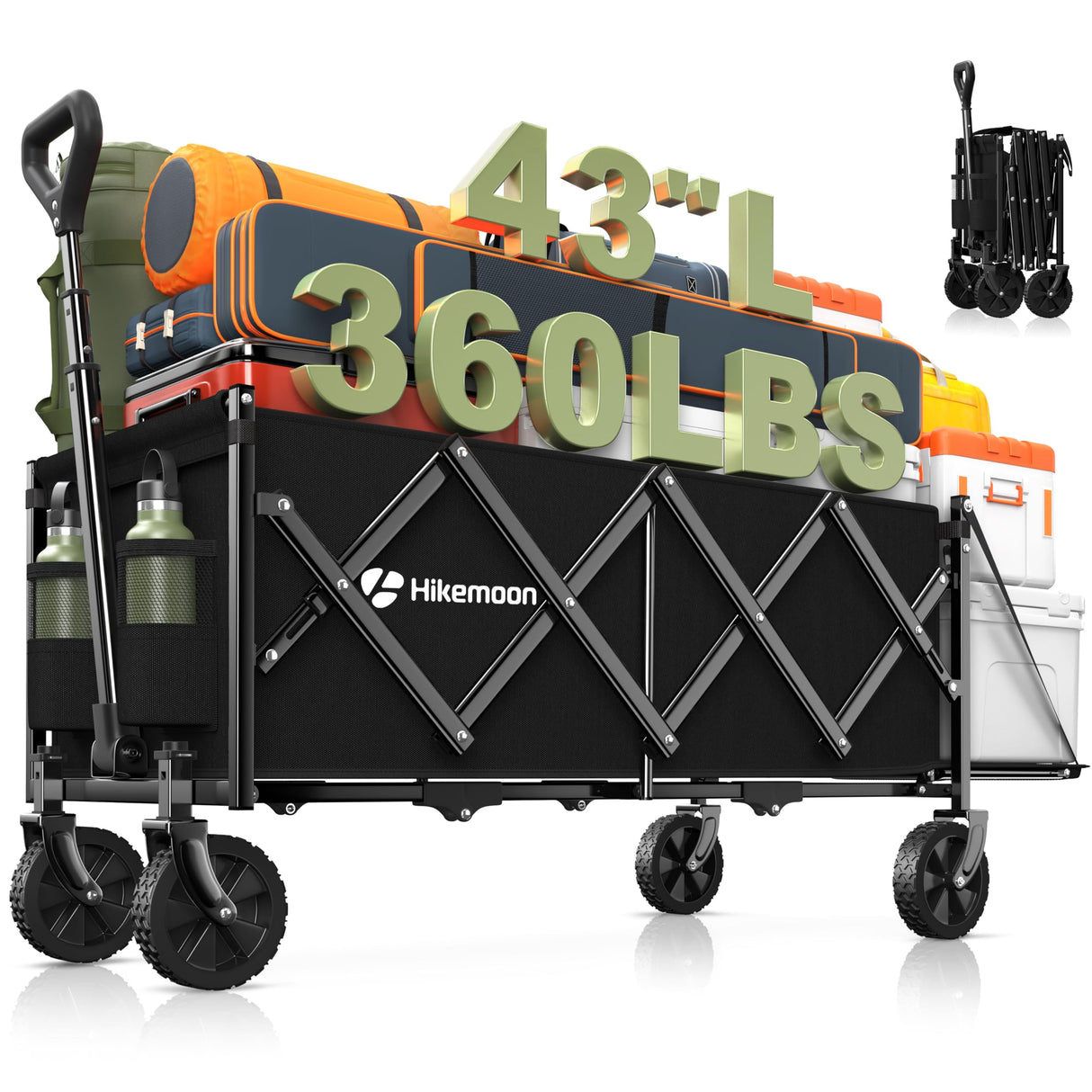 HIKEMOON 43'' Extra Long Folding Wagon with Extended Tailgate, Black