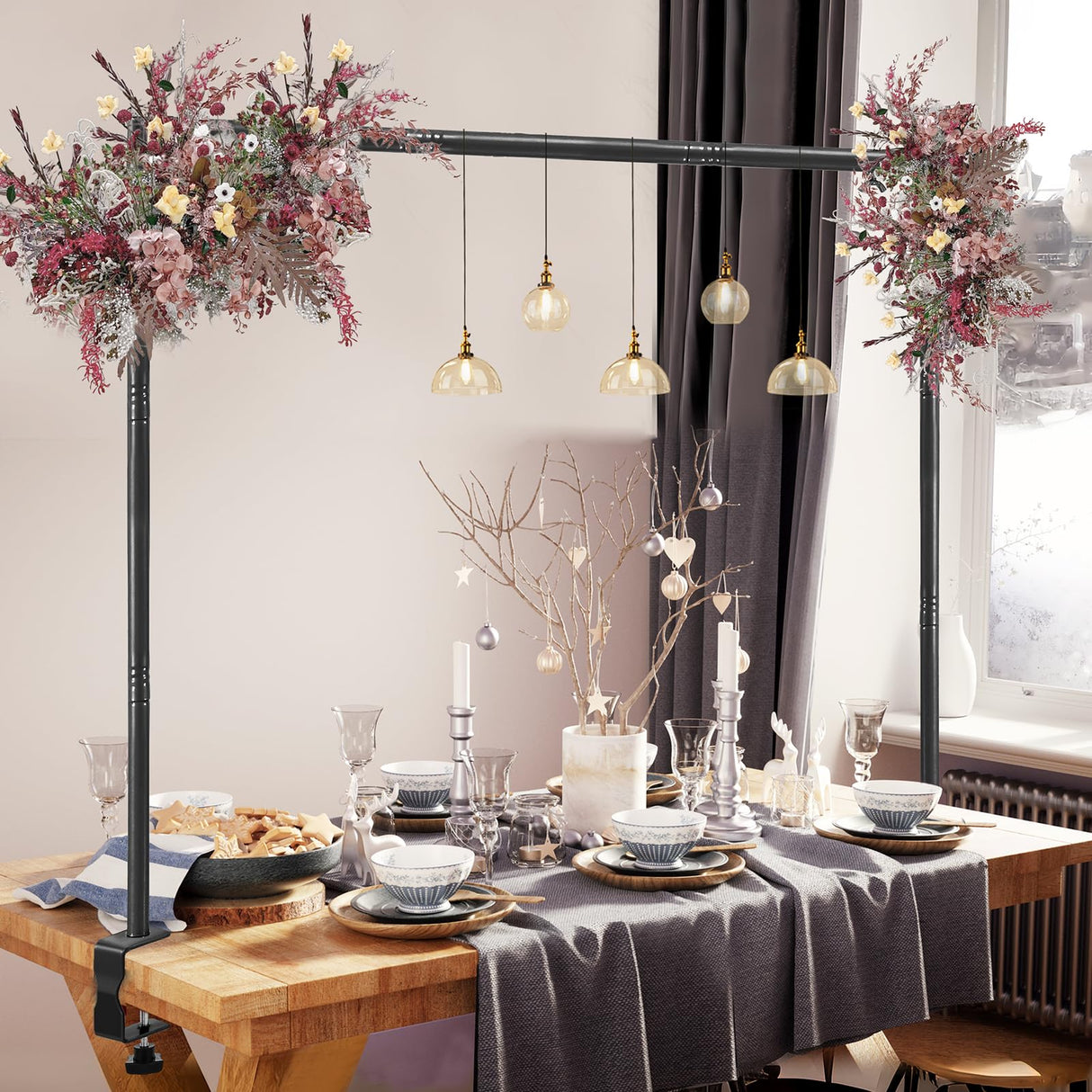 Over The Table Rod Stand with Clamps Adjustable 31-110 in Length 31-64 in Height Black Table Balloon Arch Hanging Stand with Storage Bag for Halloween Christmas Wedding Birthday Party Decoration