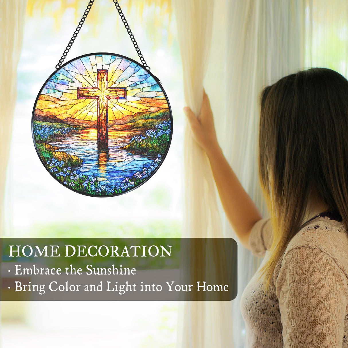 WUHSDIBC Cross Forget Me Not Stained Glass Window Hanging Suncatcher, Christian Flower Sunset Sun Catcher Indoor Window Decor Gifts, Religious Painted Glass Round Wall Hanging Decorations 7.8x7.8 in
