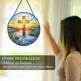 WUHSDIBC Cross Forget Me Not Stained Glass Window Hanging Suncatcher, Christian Flower Sunset Sun Catcher Indoor Window Decor Gifts, Religious Painted Glass Round Wall Hanging Decorations 7.8x7.8 in