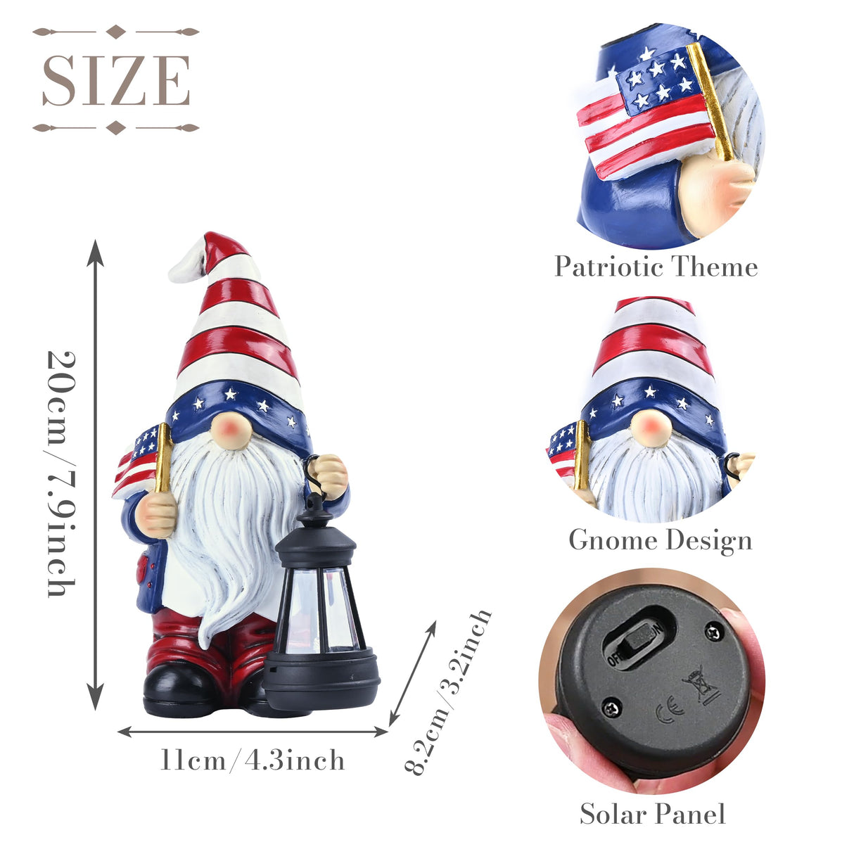 TERESA'S COLLECTIONS 4th of July Gnome Decorations with Solar Lantern, Memorial Day Decorations Resin Patriotic Garden Gnome Holding American Flag, USA 250th Anniversary Independence Day Gift 8"