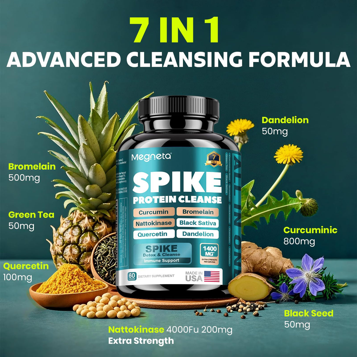 MEGNETA Spike Support Supplement Triple Matrix - 4000FU Nattokinase & 500mg Bromelain | Curcumin 800mg + Quercetin Synergy | Plant-Based Antioxidant Blend with Dandelion | Non-GMO | 60 Capsules