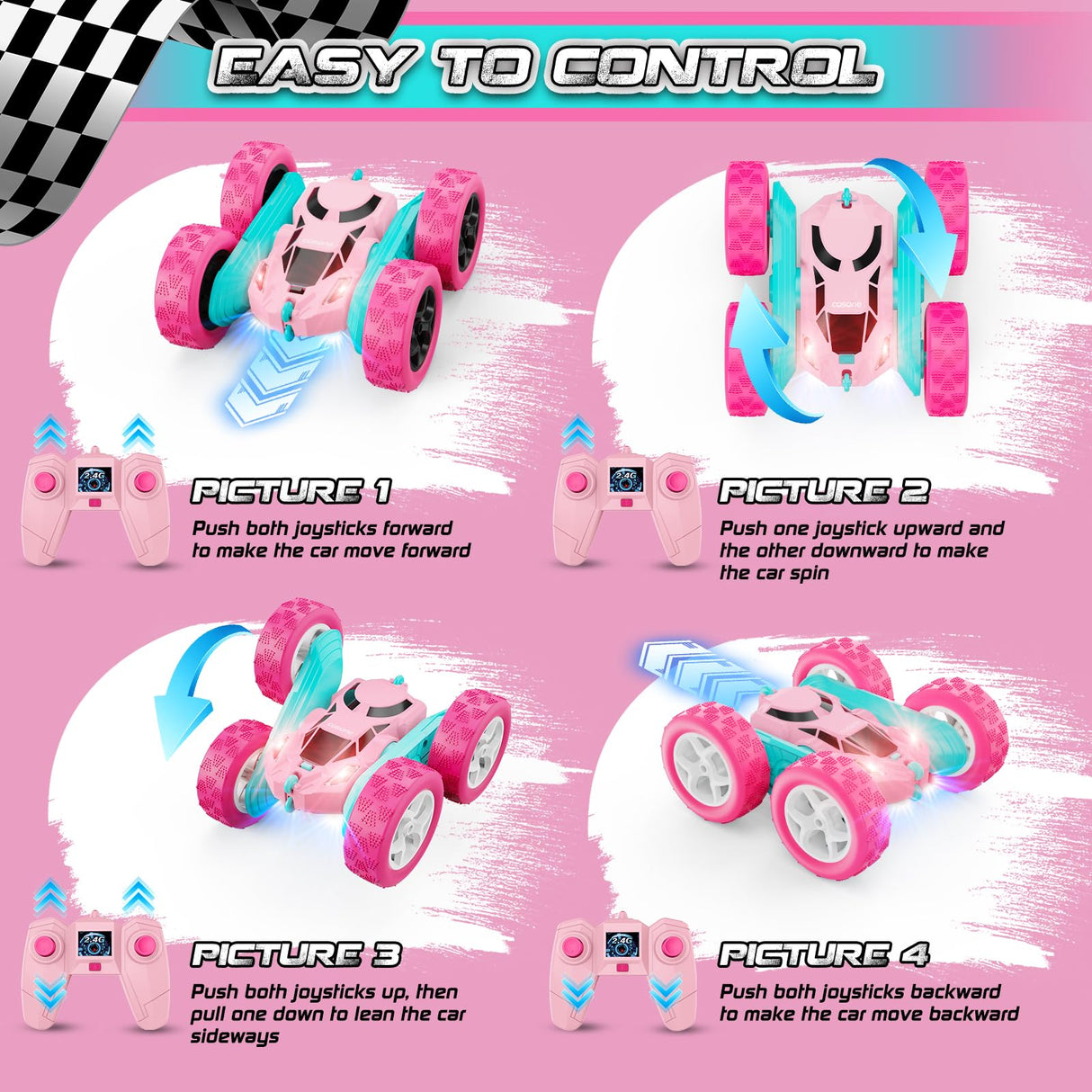 cosone Pink Remote Control Car for Girls - RC Stunt Cars with 4WD Double-Sided Driving 360° Flips Rotating, Off Road Remote Car Outdoor Toys for Kids Age 6 7 8-12, Christmas Birthday Gifts