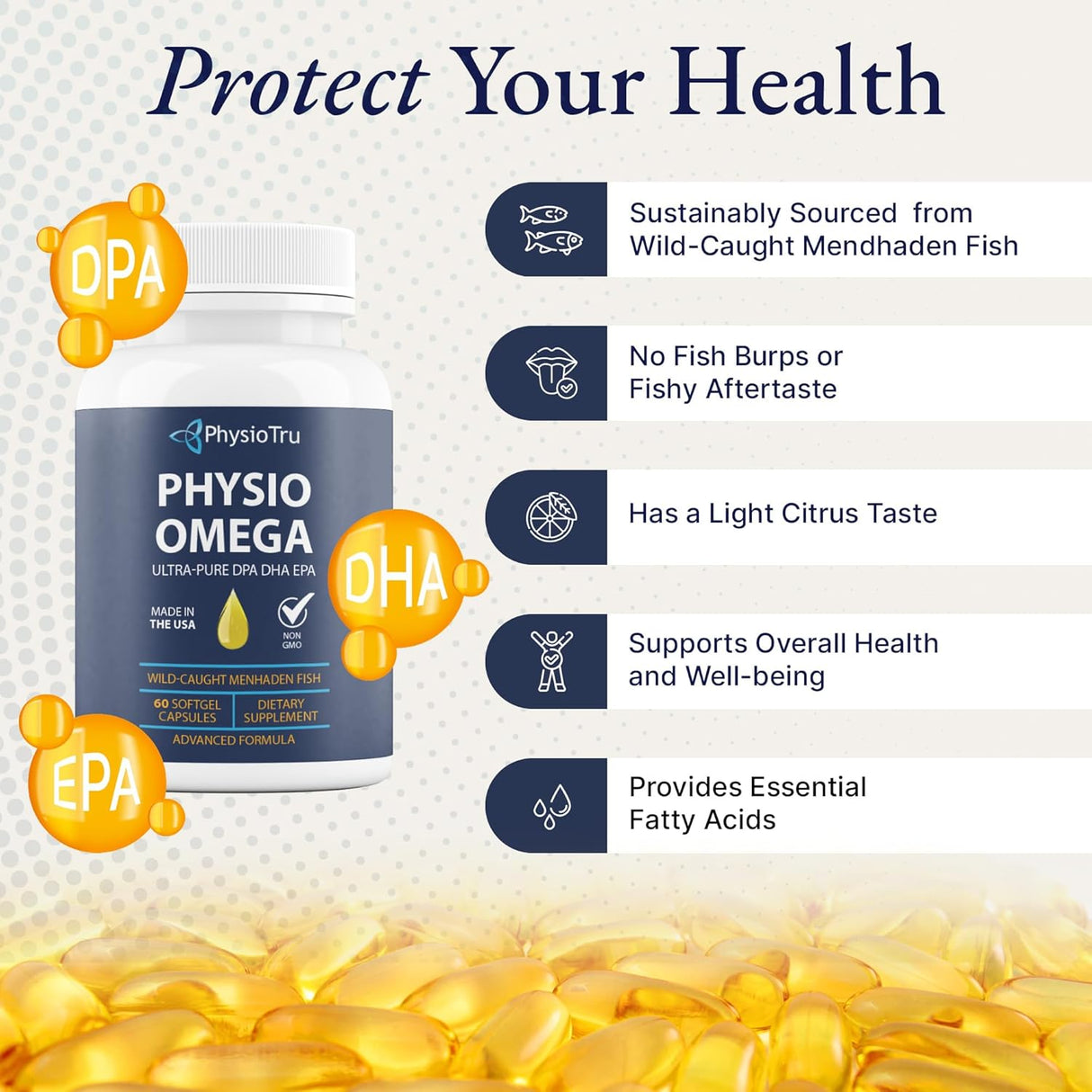 Physio Omega - Omega 3 Supplement - Sustainably Sourced - with DPA, EPA, and DHA - Burpless Fish Oil - 1 Pack