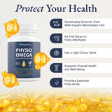 Physio Omega - Omega 3 Supplement - Sustainably Sourced - with DPA, EPA, and DHA - Burpless Fish Oil - 1 Pack