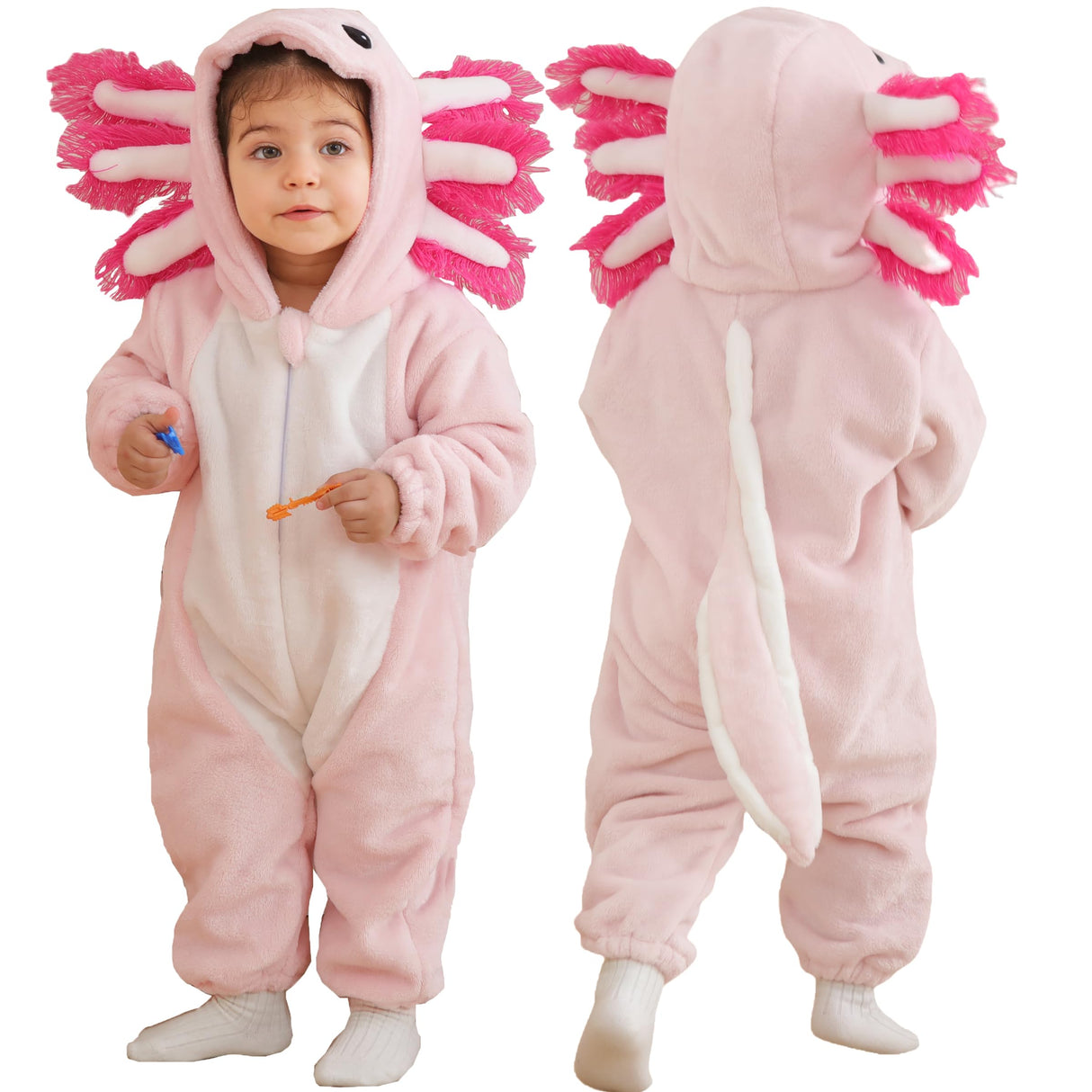 DarkCom Unisex Baby Animal Onesie Toddler Hooded Romper Halloween Cosplay Pink Axololtl Costumes Kids' Christmas Gifts 2-3 Years