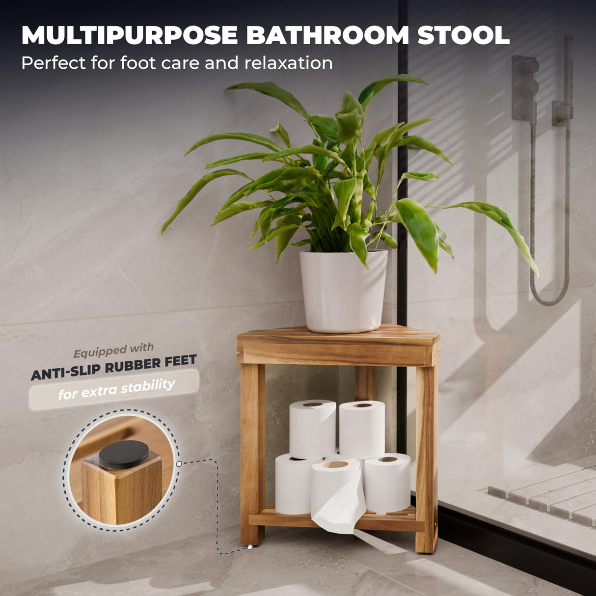 BLUEWEST Shower Foot Rest, Corner Shower Stool, Wooden Shower Foot Stool for Shaving Legs Inside Shower, Waterproof Shower Foot Rest with Storage Shelf for Small Shower Space, Shower Seats and Benches