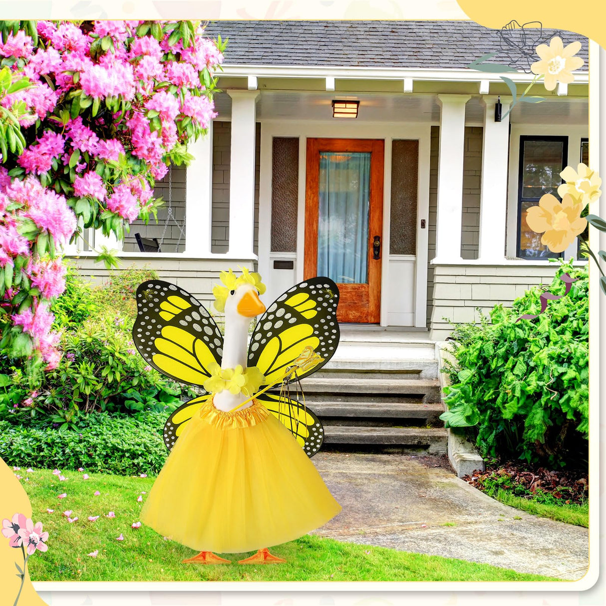 SilTriangle 5pcs Butterfly Porch Goose Outfit Costume Tutu Skirt Butterfly Wing Wand Flower Crown for 17‘' 23‘' Cement Goose(Yellow)