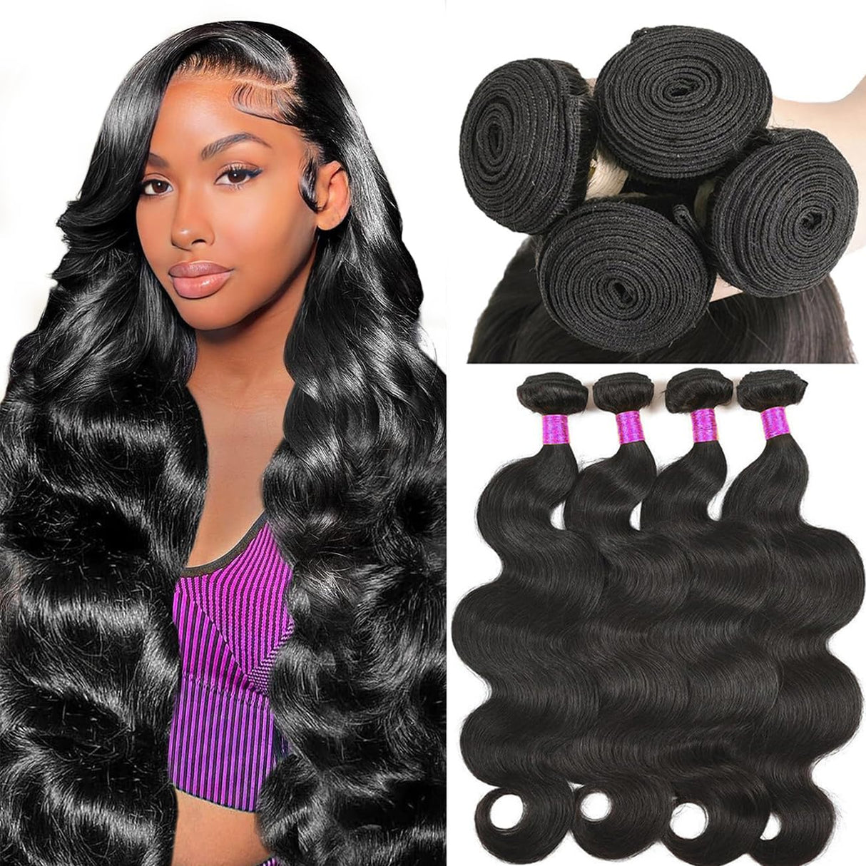 Body Wave Bundles Human Hair 20 22 24 26 Inch 12A Human Hair Bundles 100% Unprocessed Brazilian Human Hair Extensions for Women Natural Black