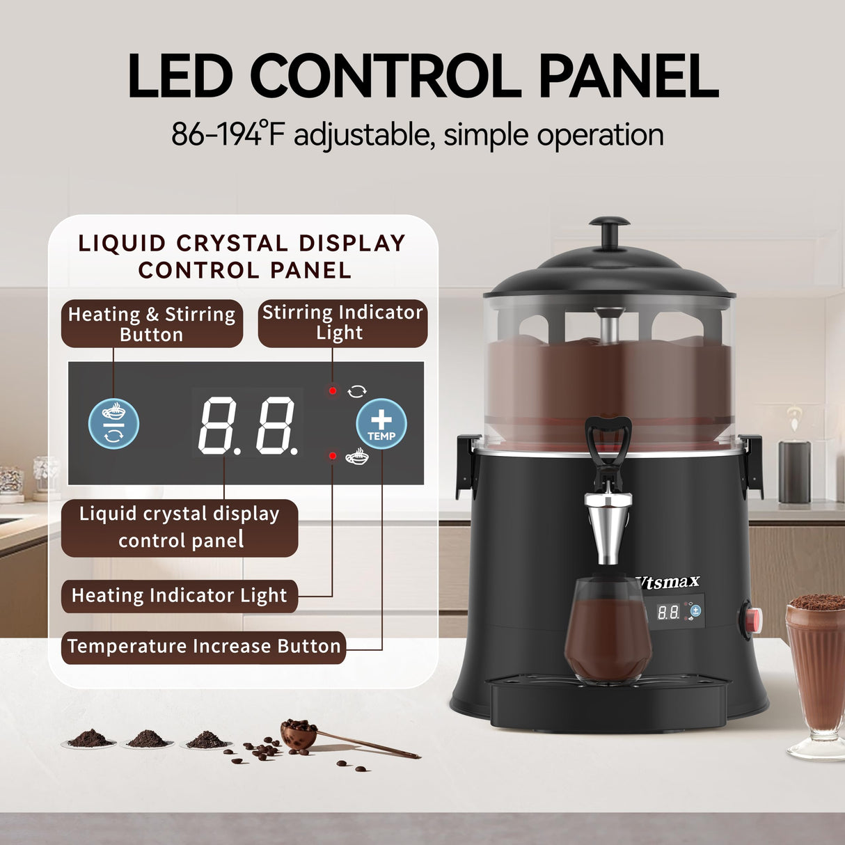 Vtsmax 5L/1.3Gal Commercial Hot Chocolate Machine Hot Drink Dispenser, 86-194°F Intelligent Temperature Control Hot Beverage Maker for Chocolate, Cocoa, Milk, Coffee, Juice, Black