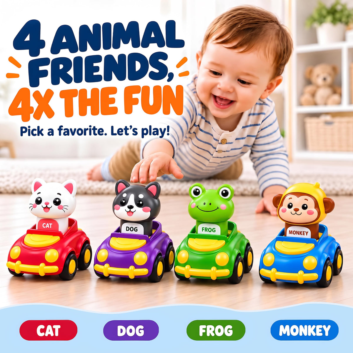 Press to Go Cars for Toddlers 1-3, 4-Pack Animal Toys for 1 Year Old Boy