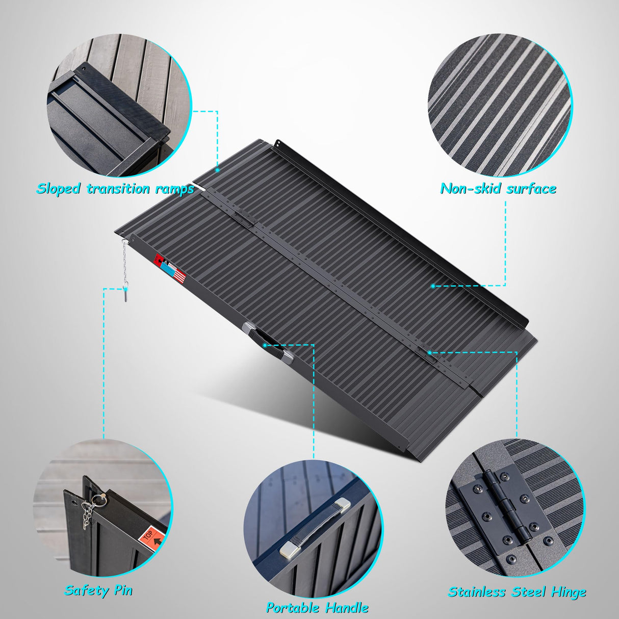 WHALEMOTOR Black Portable Wheelchair Ramp, 4FT No-sew Non-Slip Aluminum Wheelchair Ramp, Folding Portable Wheelchair Ramps for Home, Weight Capacity Up to 600 LBS