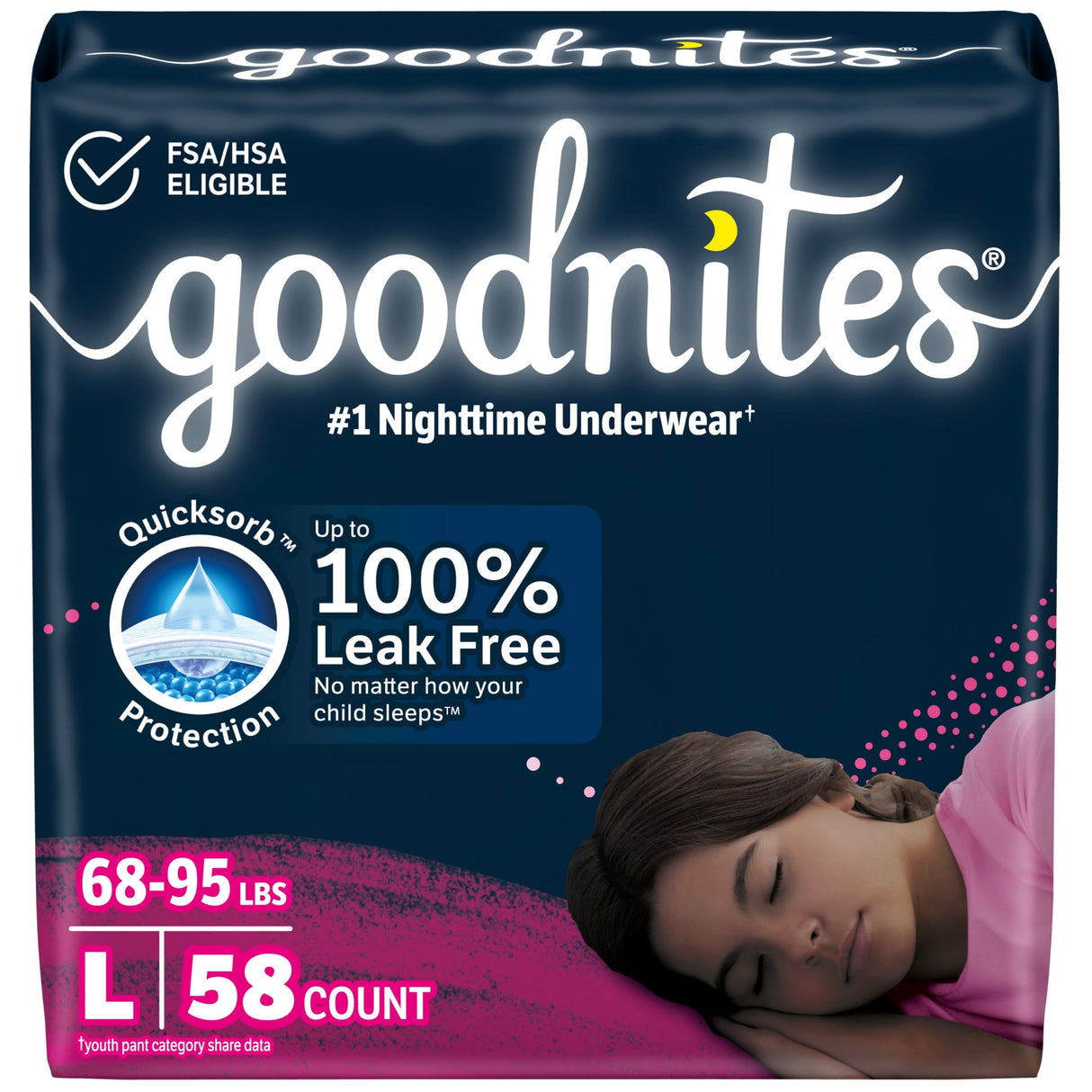 Goodnites Girls' Nighttime Bedwetting Underwear, Size Large (68-95 lbs), 58 Ct (2 Packs of 29), Packaging May Vary