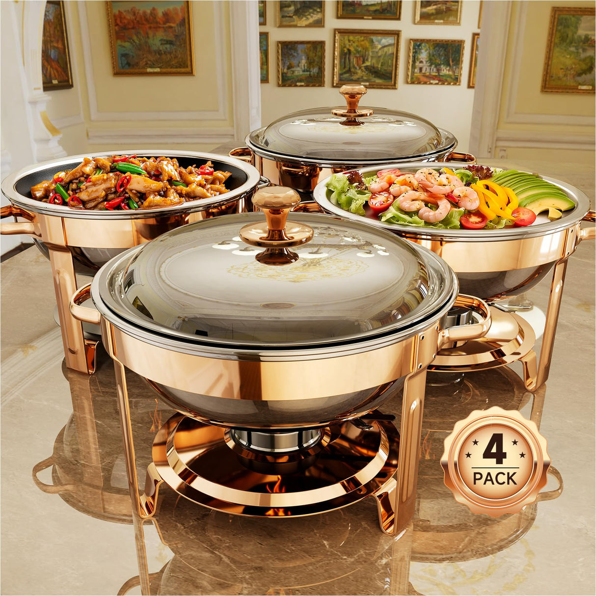 Chafing Dishes for Buffet, 4 Pack 5QT Round Stainless Steel Chafing Dish Set for Home Parties, Christmas Gatherings, Catering Events Complete Buffet Warmer Set (Rose Gold 4)