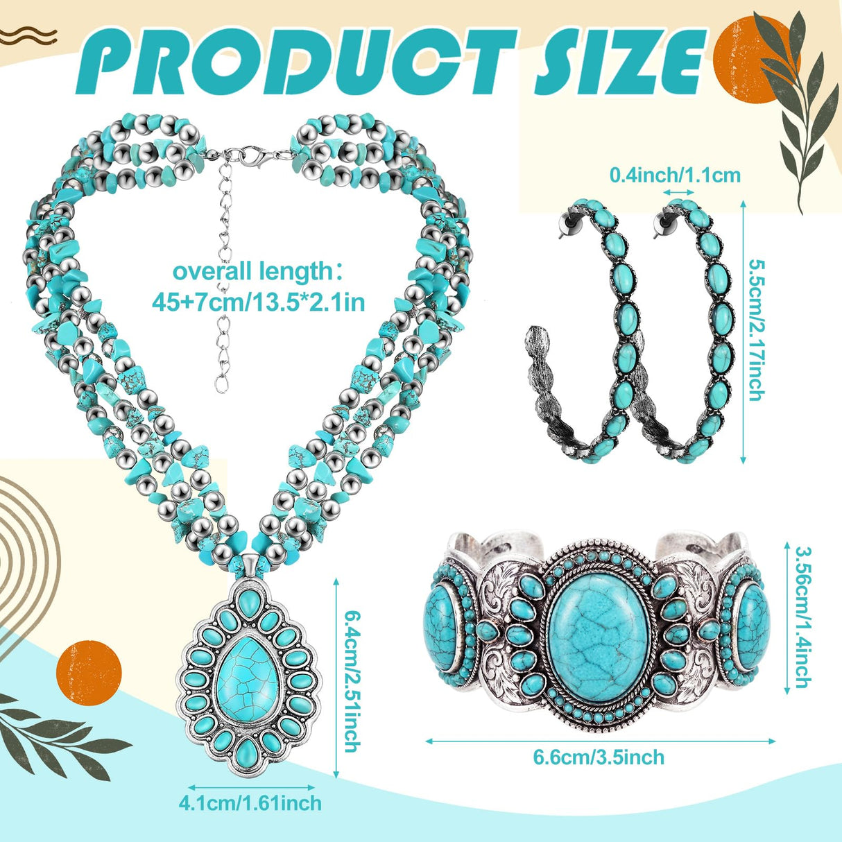 Inbagi 3 Pcs Western Jewelry for Women Bohemian Turquoise Jewelry Set Women Country Pendant Long Choker Layered Bracelets Earrings
