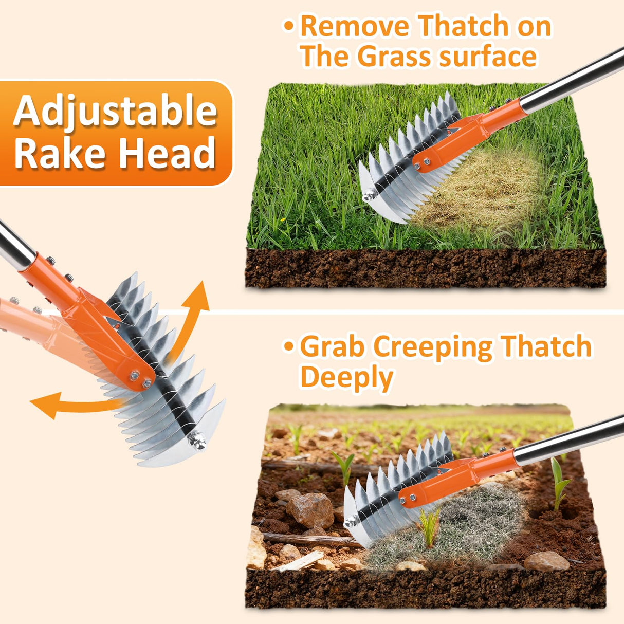 Thatch Rake -15 Inch Dethatcher Rake with Adjustable Handle, Efficient Steel Metal Rakes with Handle,Heavy Duty Thatching Rakes for Lawn,Garden, Yard