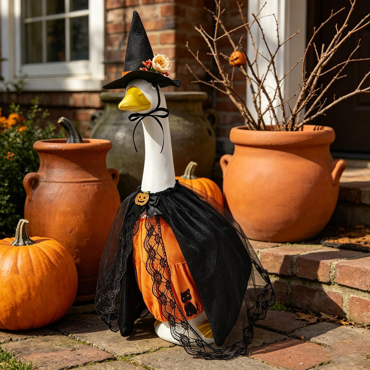 Covvoliy Old Lady Porch Goose Outfits Grandma Goose Clothes Glasses Curly Wig Floral Print Dress Cardign and Pearl Necklace,23'' Geese Statue Outdoor Patio Yard Lawn Decoration (Black)