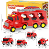 FunMission Toddlers Fire Truck for Kids 3-9 Year Old，5 in 1 Friction Power Vehicle Car for 3 4 5 6 7 Years Old Boys Girls，Carrier Truck Transport Toys for Christmas and Birthday Gifts