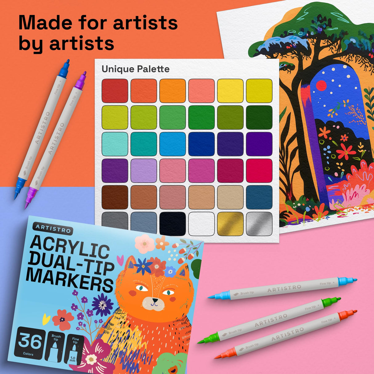ARTISTRO 36 Dual Tip Brush + Fine Acrylic Paint Markers - Easy for All Ages & Levels Paint Pens for Fabric, Rock, Glass, DIY - Halloween Pumpkin Painting Kit, Art Supplies, Christmas Gift