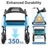 HOMLAND Foldable Rollator Walkers with Seat for Seniors, 8'' Big Wheels, 350 lb. Weight Capacity, Adjustable Handles and Seat Height, Lightweight Rolling Walker, Light Blue