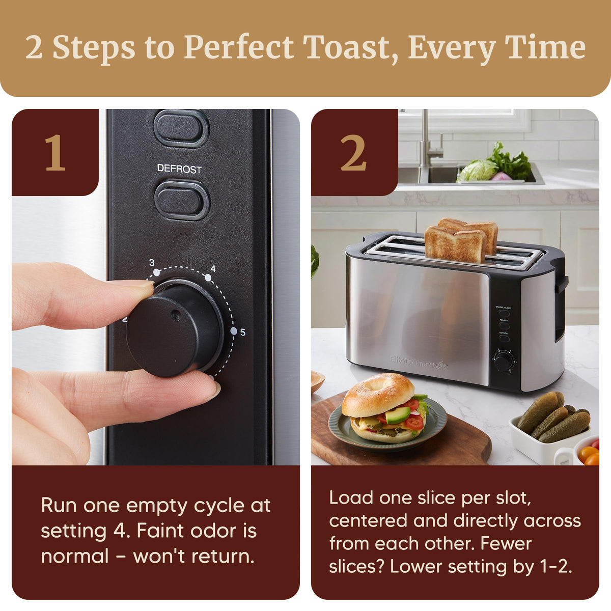 Elite Gourmet 4-Slice Long Slot Toaster, 1.5" Wide Slots, 6 Browning Levels