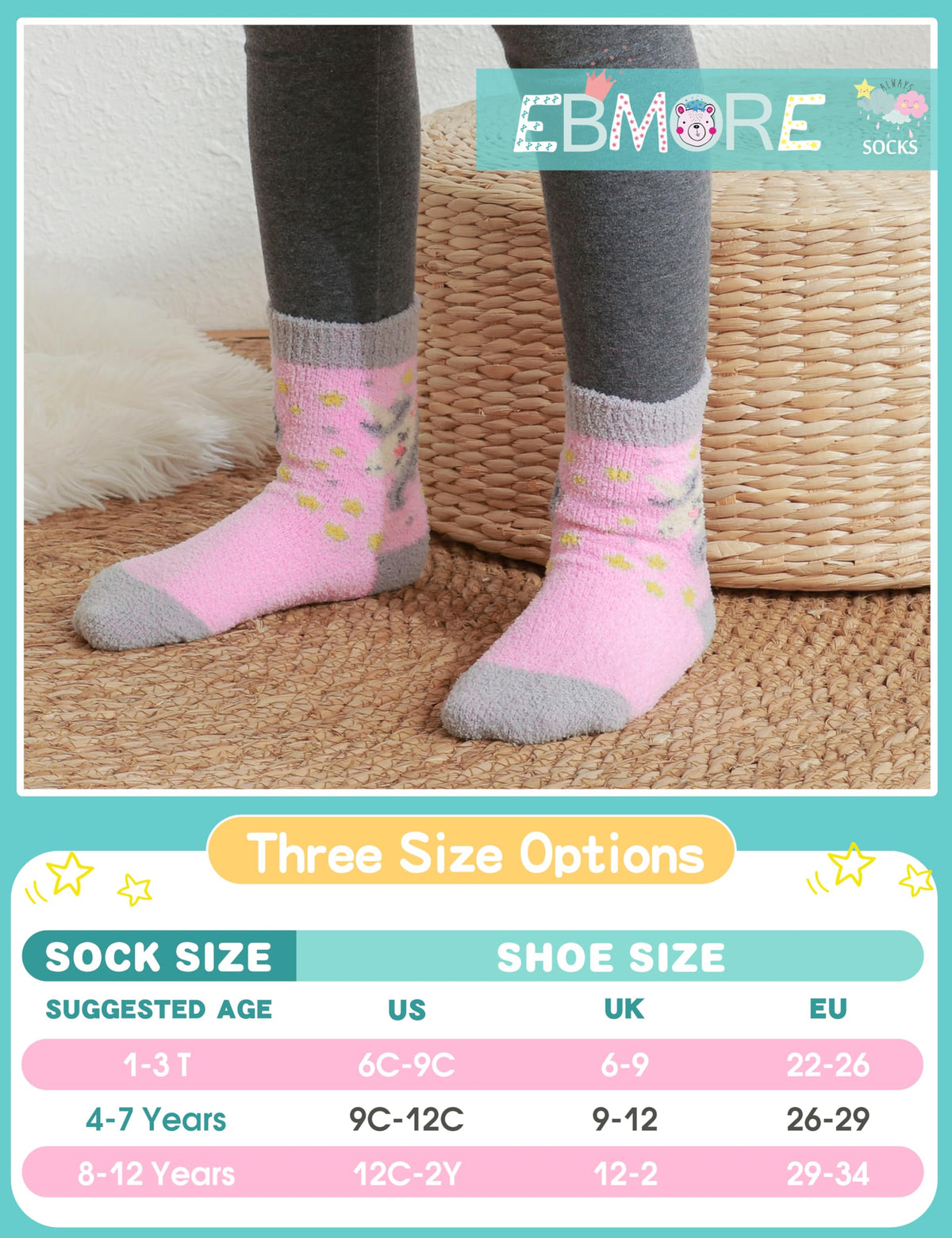 EBMORE Girls Kids Toddler Fluffy Socks Grips Non Slip Slipper Socks Warm Winter Cosy Hospital Gifts Socks Stocking Fillers 6 Pairs(Unicorn,4-7 Y)