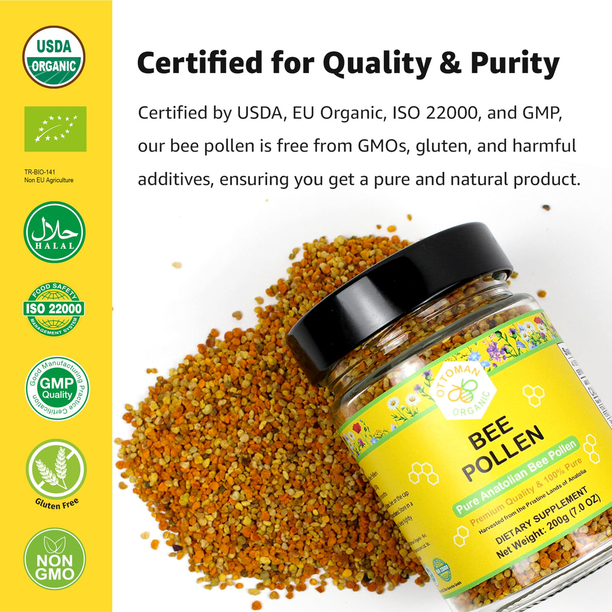 Organic Bee Pollen - USDA & EU Organic Certified, Halal, ISO 22000 & GMP | 100% Pure Superfood for Immune Support, Rich in Vitamins & Minerals | Non-GMO, Additive-Free | 200g (7.05 oz)
