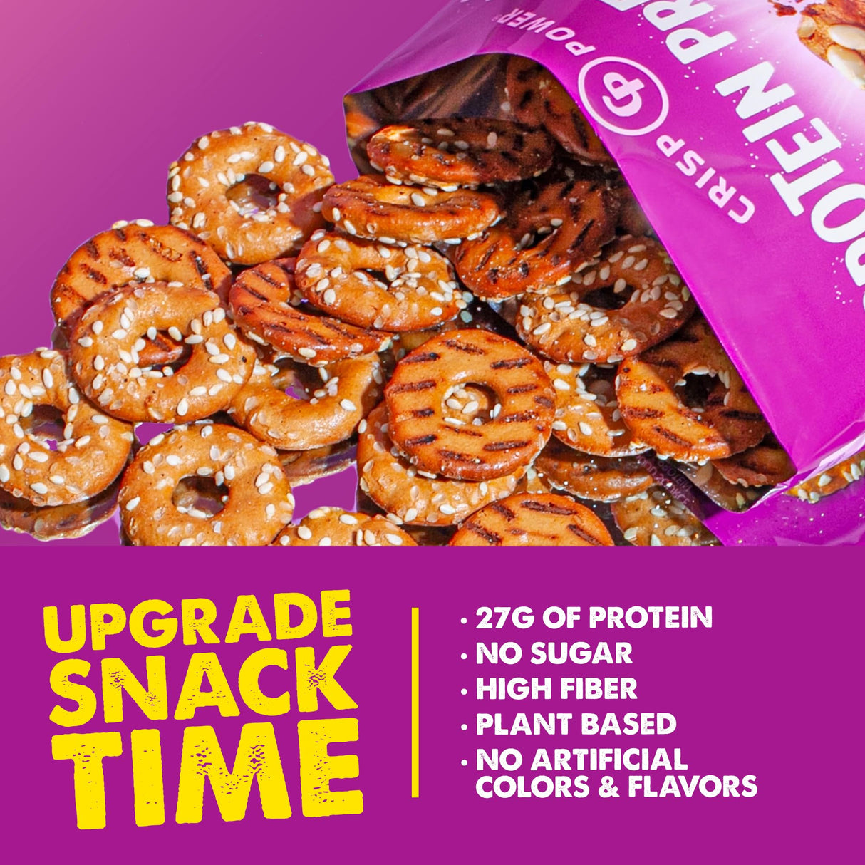 Crisp Power Protein Pretzels, Sesame, High Protein Vegan Keto Snack, 27 G Plant Based Protein, Low Carb Crunchy Pretzel Snacks, Sugar Free, No Seed Oils, 1.75 oz Bags, 6 Pack