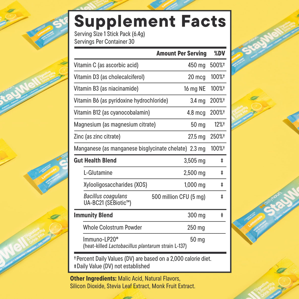 Daily Nouri StayWell Digestive & Immunity Drink Mix | Probiotics, Prebiotics, Colostrum, L-Glutamine, Magnesium, Manganese, Zinc, Vitamins for Gut Health, Digestion & Immune Support | 30 Stick Packs